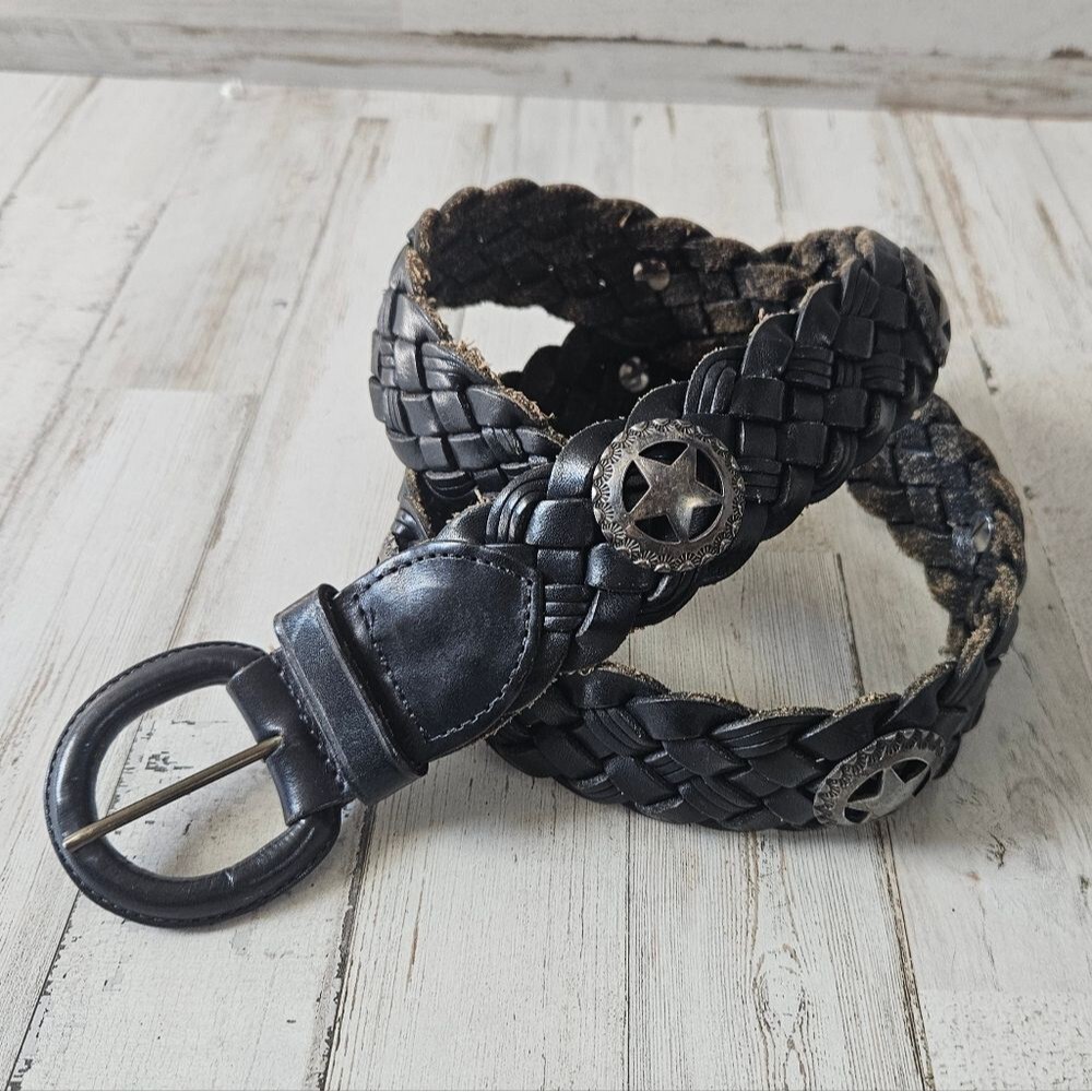 Brighton Black Woven Leather Womens Belt Size Large Western Star Single Prong